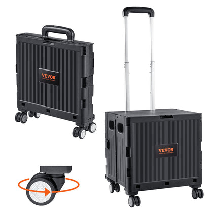 Foldable Utility Cart, 110 lbs lastkapacitet, hopfällbar bärbar rullande låda handkärra med kraftigt teleskopiskt handtag och 4 roterande hjul för resor Shopping Flyttande bagage kontorsbruk, svart