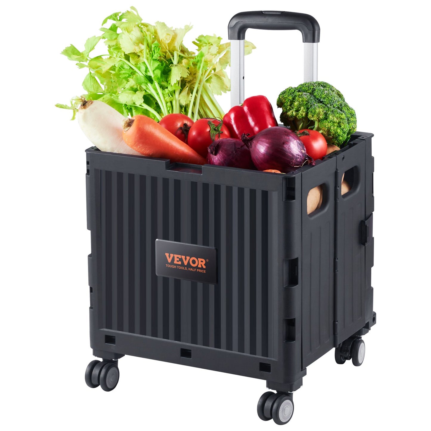 Foldable Utility Cart, 110 lbs lastkapacitet, hopfällbar bärbar rullande låda handkärra med kraftigt teleskopiskt handtag och 4 roterande hjul för resor Shopping Flyttande bagage kontorsbruk, svart