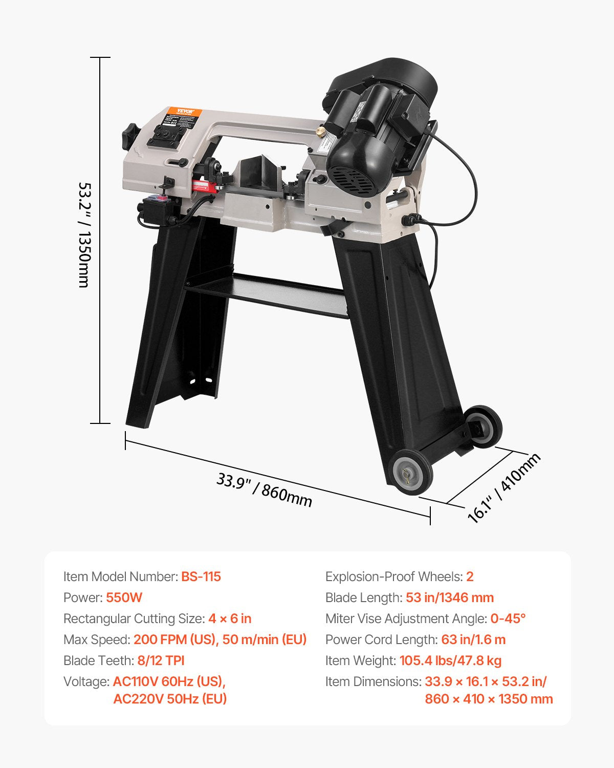 Metal Horizontal Band Saw 4 Inch x 6 Inch 550W Variable Speed Band Saw 220V