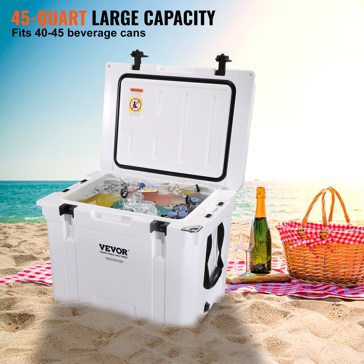 Insulated Portable Cooler, 45 qt, Holds 45 Cans, Ice Retaining Hard Cooler with Heavy Duty Handle, Ice Chest Lunch Box for Camping, Beach, Picnic, Travel, Outdoors, Keeps Ice for Up to 6 Days