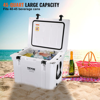 Insulated Portable Cooler, 45 qt, Holds 45 Cans, Ice Retaining Hard Cooler with Heavy Duty Handle, Ice Chest Lunch Box for Camping, Beach, Picnic, Travel, Outdoors, Keeps Ice for Up to 6 Days