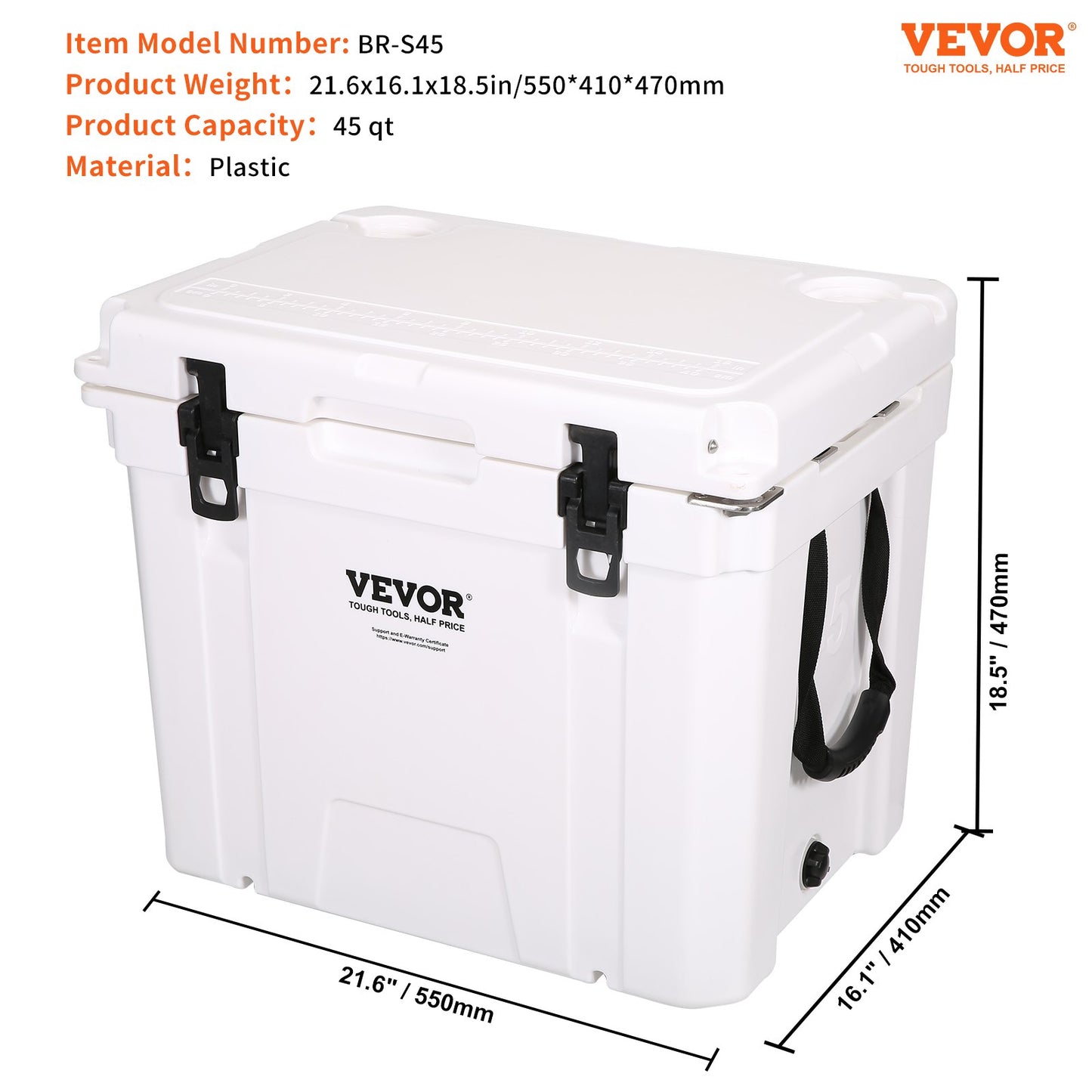 Insulated Portable Cooler, 45 qt, Holds 45 Cans, Ice Retaining Hard Cooler with Heavy Duty Handle, Ice Chest Lunch Box for Camping, Beach, Picnic, Travel, Outdoors, Keeps Ice for Up to 6 Days