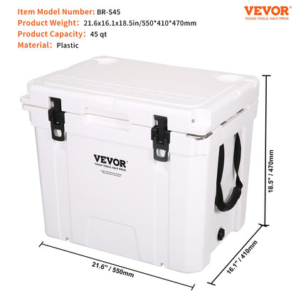 Insulated Portable Cooler, 45 qt, Holds 45 Cans, Ice Retaining Hard Cooler with Heavy Duty Handle, Ice Chest Lunch Box for Camping, Beach, Picnic, Travel, Outdoors, Keeps Ice for Up to 6 Days