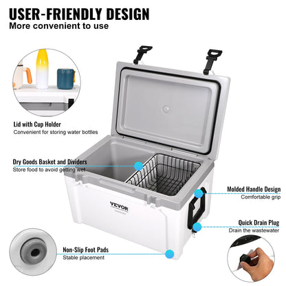 Insulated Portable Cooler, 52 qt, Holds 50 Cans, Ice Retaining Hard Cooler with Heavy Duty Handle, Ice Chest Lunch Box for Camping, Beach, Picnic, Travel, Outdoors, Keeps Ice for Up to 6 Days