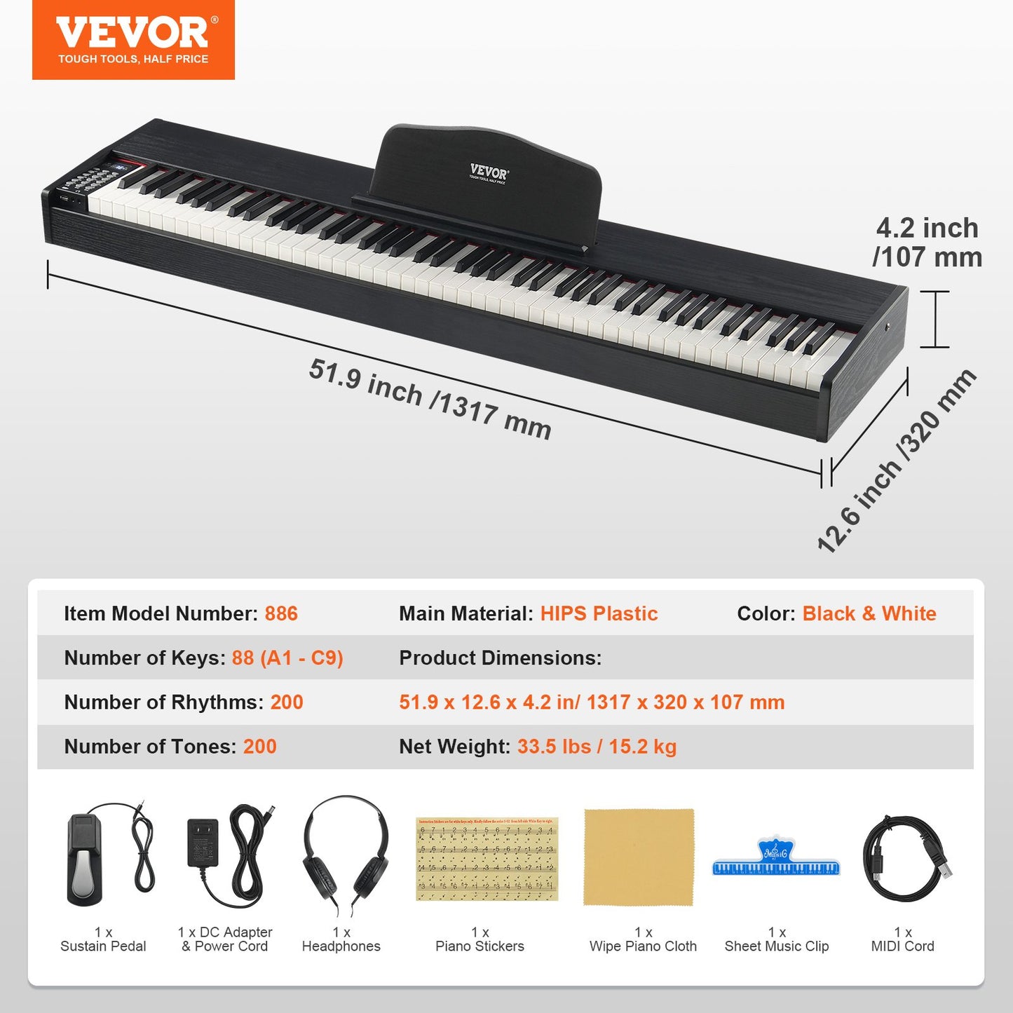 88 tangenter, fullviktad digitalpiano Dubbla klaviaturhögtalare Sustain Pedal