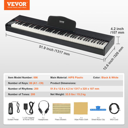88 tangenter, fullviktad digitalpiano Dubbla klaviaturhögtalare Sustain Pedal