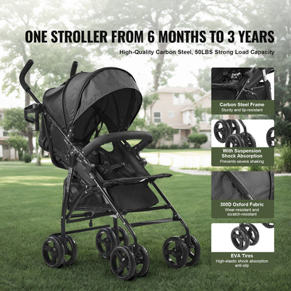 Leichter Kinderwagen, kompakt, einfach zusammenklappbar, verstellbare Rückenlehne, schwarzer Stauraum