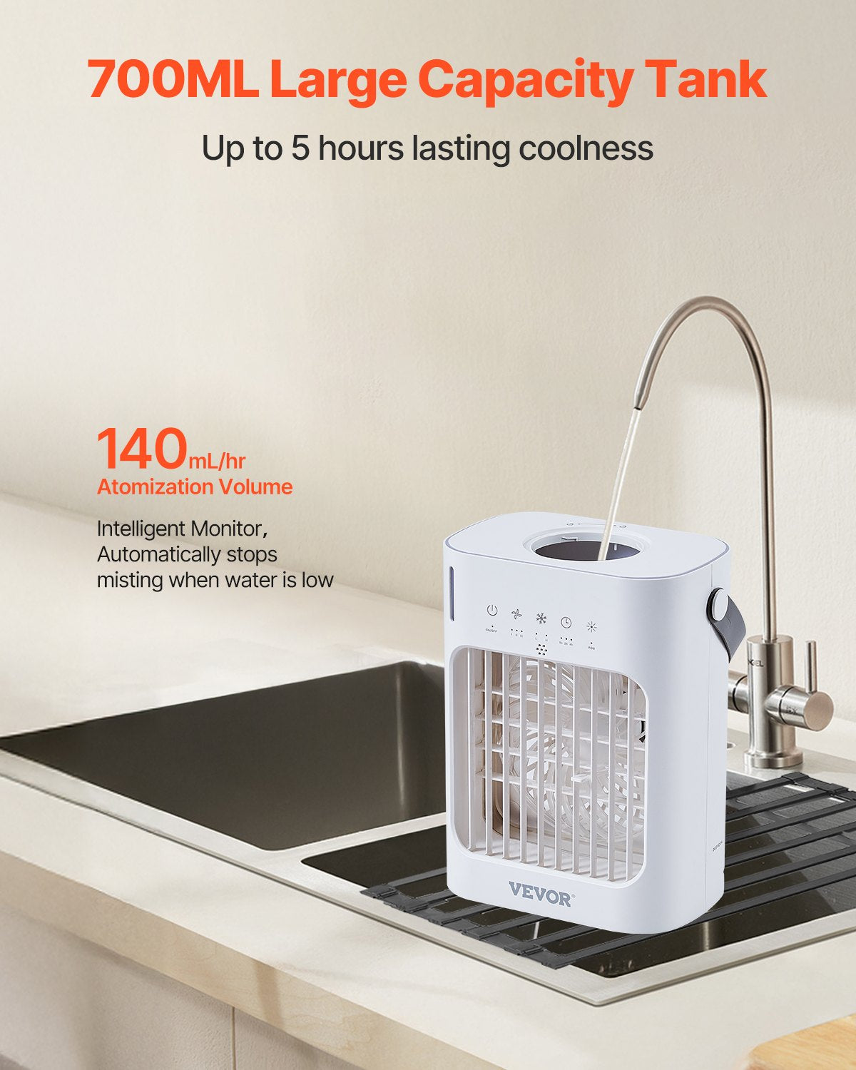 Portable Air Conditioner 4-in-1 Evaporative Air Cooler 700ml water tank