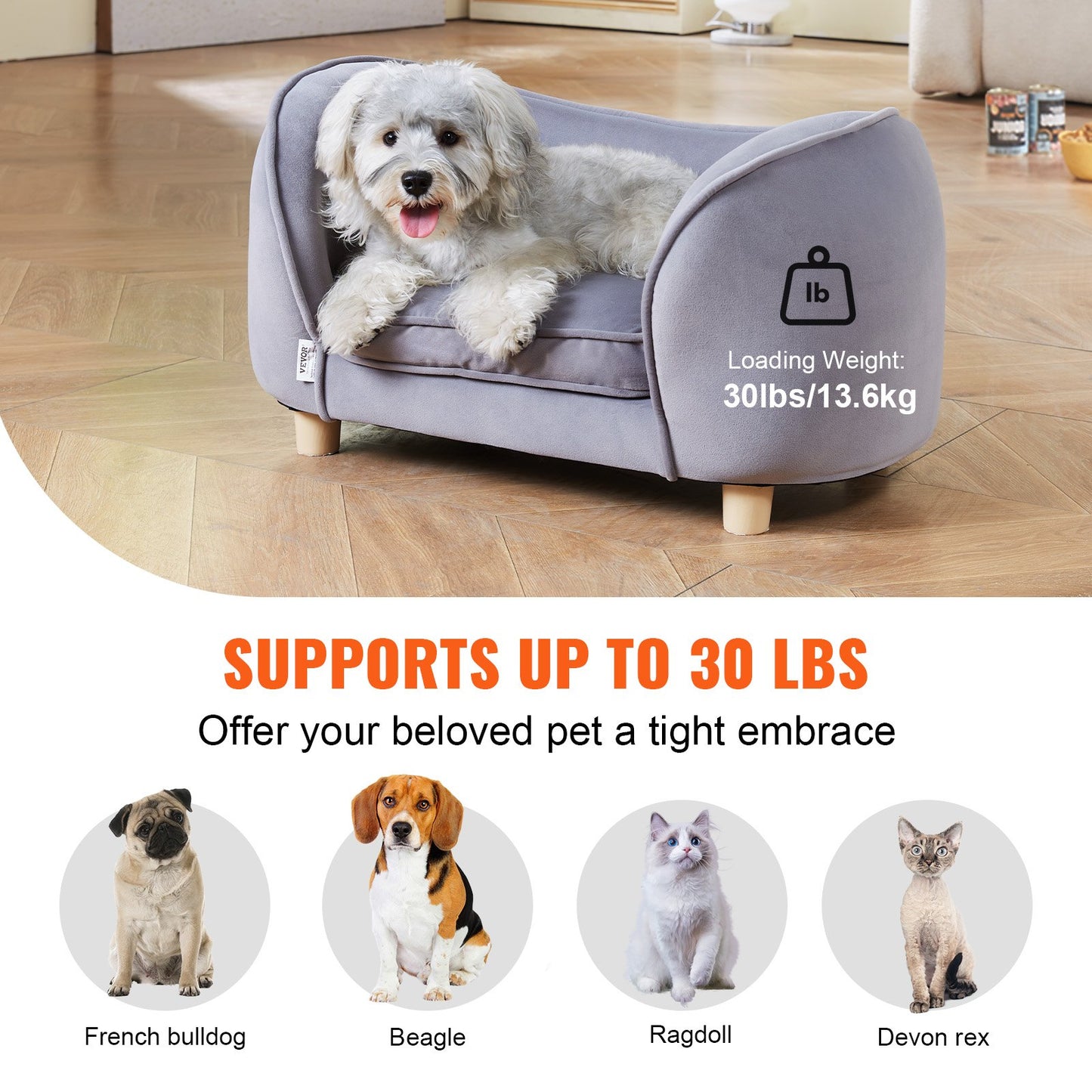 Haustiersofa, Hundesofa für kleine Hunde und Katzen, weiches, samtiges Hundesofa, 30 kg belastbares Katzensofa, Dunkelgrau