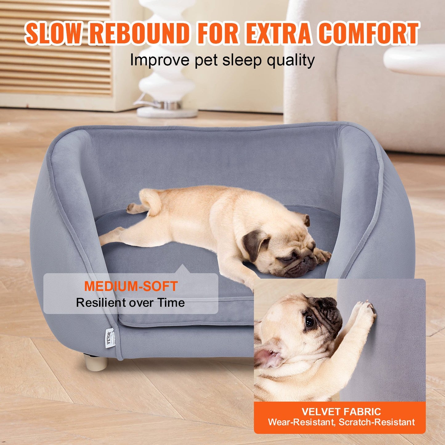 Haustiersofa, Hundesofa für kleine Hunde und Katzen, weiches, samtiges Hundesofa, 30 kg belastbares Katzensofa, Dunkelgrau