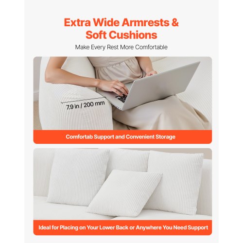 2840 mm böjd modulsoffa, modern lyxig sektionssoffa med 4 kuddar, överdimensionerad molnplyschmanchestersoffa med bred djup sits, för vardagsrum, sovrum, lägenhet, kontor, vit |  EU