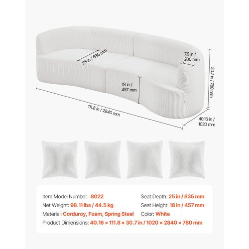 2840 mm böjd modulsoffa, modern lyxig sektionssoffa med 4 kuddar, överdimensionerad molnplyschmanchestersoffa med bred djup sits, för vardagsrum, sovrum, lägenhet, kontor, vit |  EU