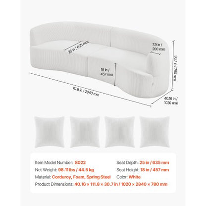 2840 mm böjd modulsoffa, modern lyxig sektionssoffa med 4 kuddar, överdimensionerad molnplyschmanchestersoffa med bred djup sits, för vardagsrum, sovrum, lägenhet, kontor, vit |  EU