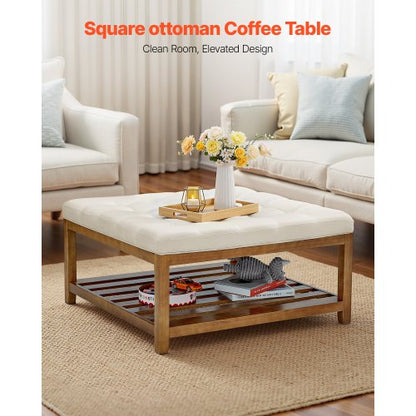 VEVOE Stort fyrkantigt ottomanskt soffbord, 87,5 cm tuftat soffbord med massivt trähylla, massivt klädd fotstöd i linne för sovrum och vardagsrum, 180 kg, benvit |  EU