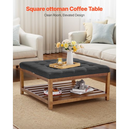 Stort fyrkantigt ottomanskt soffbord, 34,5 tums tuftat soffbord med massivt trähylla, linneklädd fotstödsottoman för sovrum vardagsrum, 400 kg, mörkgrå |  EU