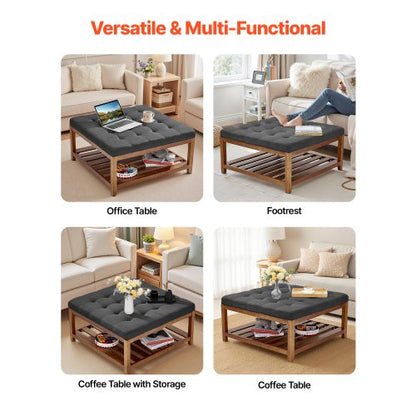 Stort fyrkantigt ottomanskt soffbord, 34,5 tums tuftat soffbord med massivt trähylla, linneklädd fotstödsottoman för sovrum vardagsrum, 400 kg, mörkgrå |  EU