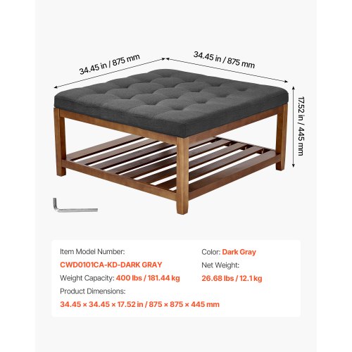 Stort fyrkantigt ottomanskt soffbord, 34,5 tums tuftat soffbord med massivt trähylla, linneklädd fotstödsottoman för sovrum vardagsrum, 400 kg, mörkgrå |  EU