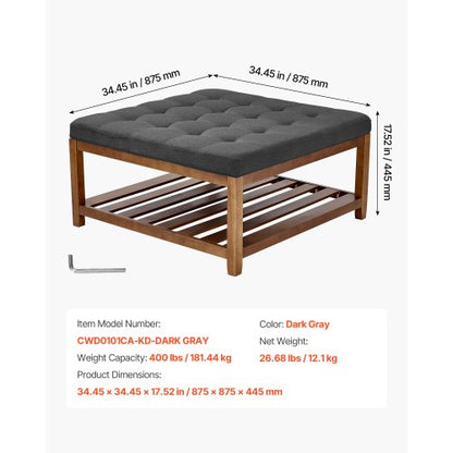 Stort fyrkantigt ottomanskt soffbord, 34,5 tums tuftat soffbord med massivt trähylla, linneklädd fotstödsottoman för sovrum vardagsrum, 400 kg, mörkgrå |  EU