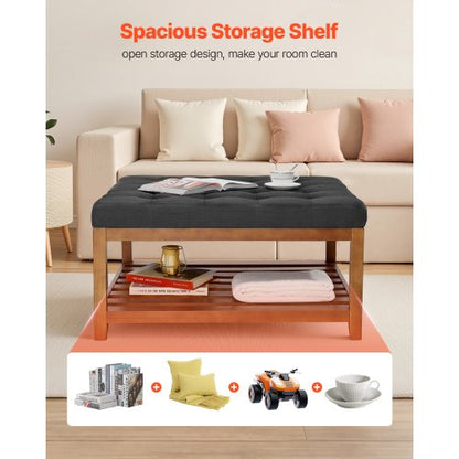 Stort fyrkantigt ottomanskt soffbord, 34,5 tums tuftat soffbord med massivt trähylla, linneklädd fotstödsottoman för sovrum vardagsrum, 400 kg, mörkgrå |  EU