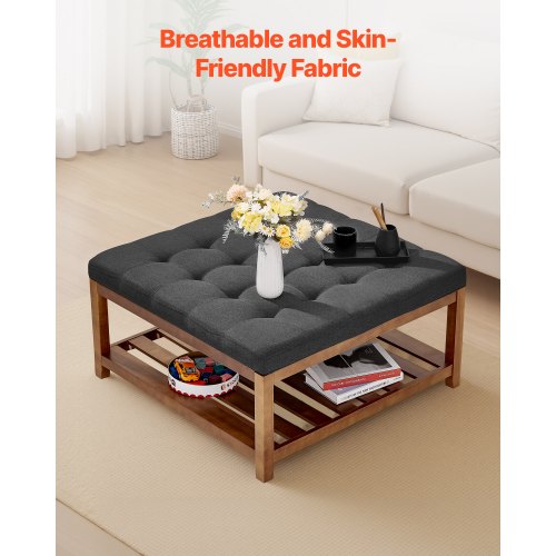 Stort fyrkantigt ottomanskt soffbord, 34,5 tums tuftat soffbord med massivt trähylla, linneklädd fotstödsottoman för sovrum vardagsrum, 400 kg, mörkgrå |  EU
