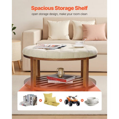 Stor rund ottomansk soffbord, 81 cm tuftat soffbord med massivt trähylla, massivt klädd fotstödsottoman i linne för sovrum vardagsrum, 147 kg, linnefärgad |  EU