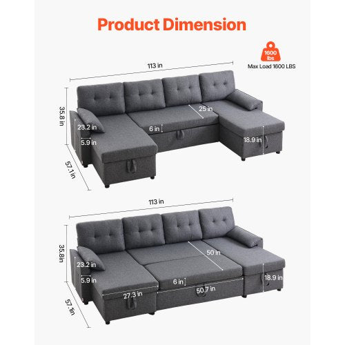 U-formad bäddsoffa 6-sits bäddsoffa dubbel schäslong grå |  EU