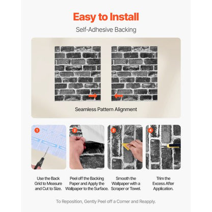 self-adhesive wallpaper 45 cm x 10 m gray brick waterproof for bedroom | EU