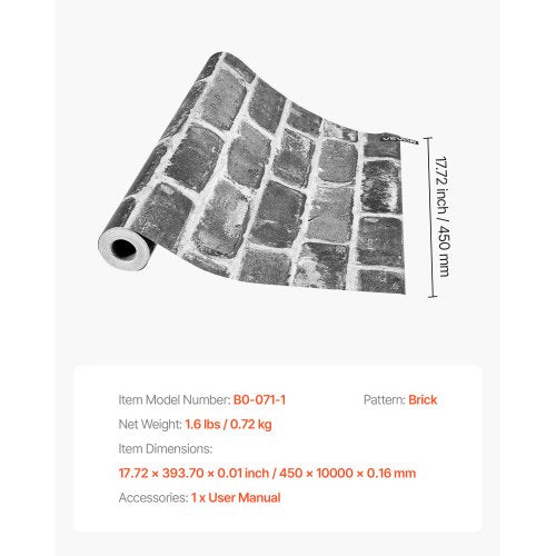 self-adhesive wallpaper 45 cm x 10 m gray brick waterproof for bedroom | EU