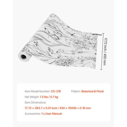 Self-adhesive wallpaper 45 cm x 10 m White Botanical Floral Waterproof | EU