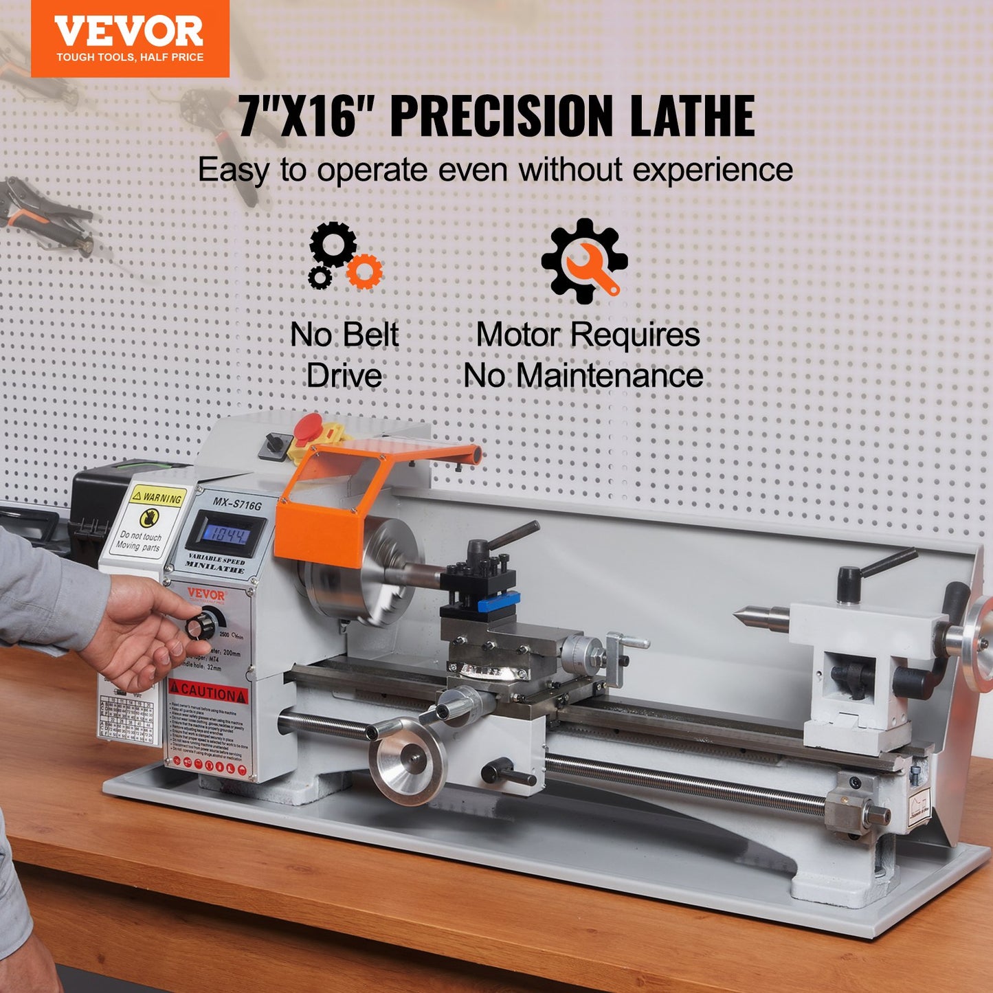 Mini Metal Lathe Machine, 7'' x 16'', 800W Precision Power Metal Lathe, 150-2500 RPM Continuously Variable Speed, with 3.9'' 3-Jaw Metal Chuck Toolbox for Machining Precision Parts