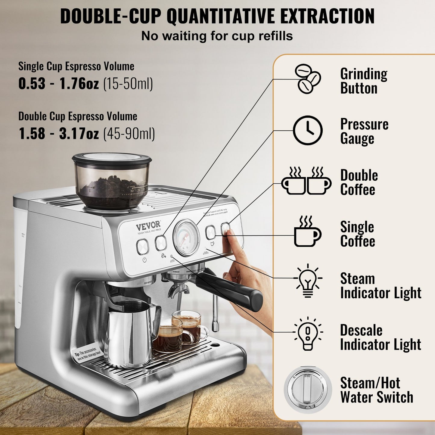 Espressomaschine mit Mahlwerk 15 bar halbautomatischer Espressokocher