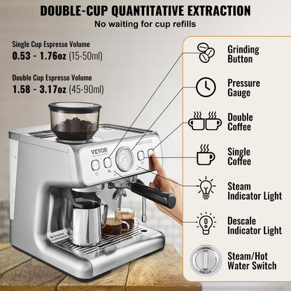 Espressomaschine mit Mahlwerk 15 bar halbautomatischer Espressokocher