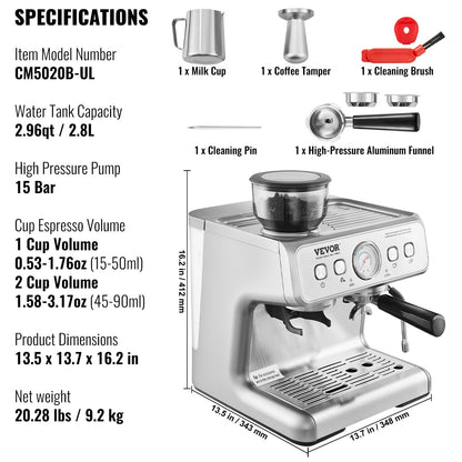 Espressomaschine mit Mahlwerk 15 bar halbautomatischer Espressokocher