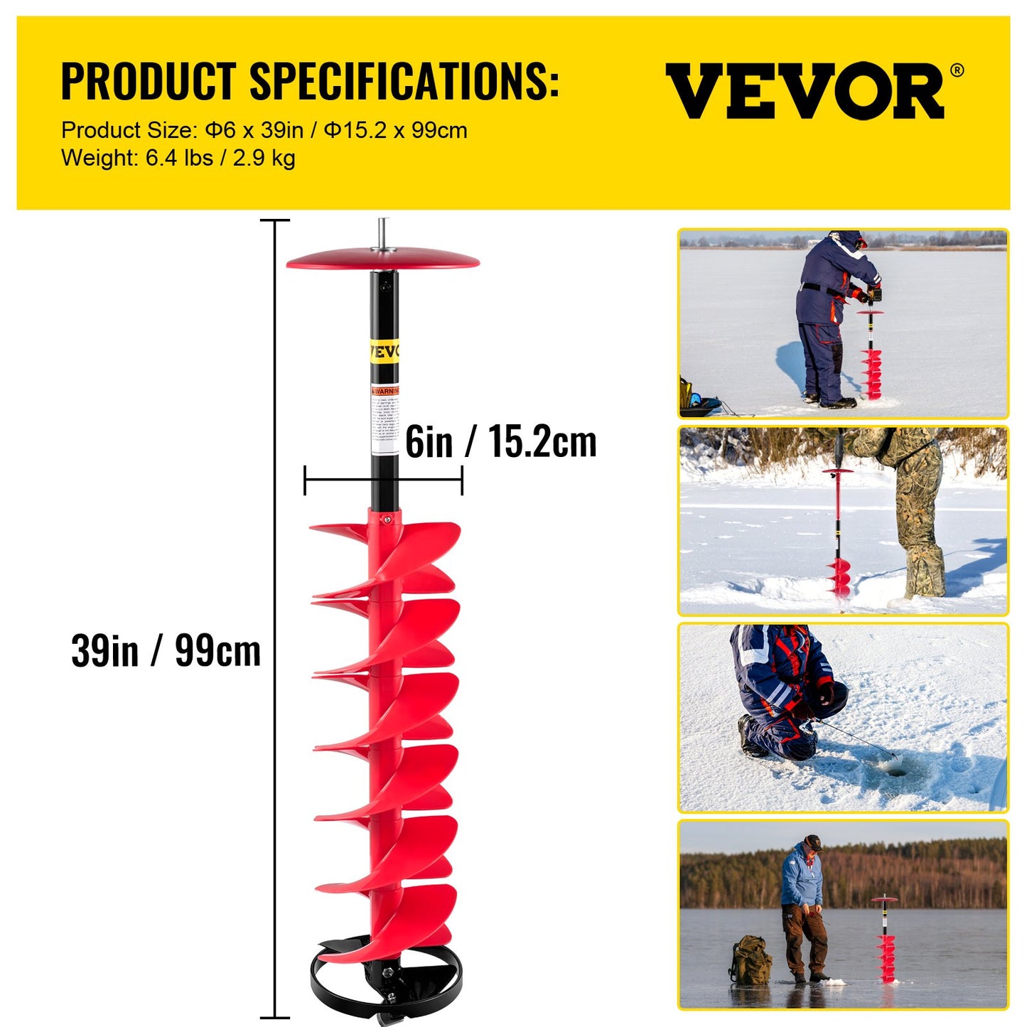 Isborrborr, 6\" diameter nylonisborr, 39\" längd isborrborr, skruvborr med 11,8\" förlängningsstång, skruvborr med borradapter, toppplatta & bladskydd för isfiske isgrävning