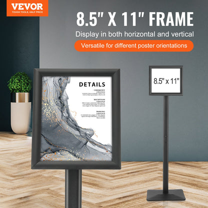 Piedestalskylthållare, 8,5 x 11 tums vertikalt och horisontellt justerbart affischställ, kraftig golvskylthållare med metallbas för display, reklam och utomhus, svart