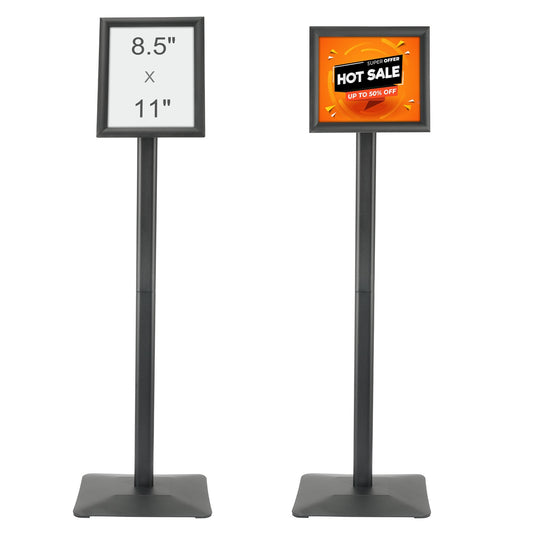 Piedestalskylthållare, 8,5 x 11 tums vertikalt och horisontellt justerbart affischställ, kraftig golvskylthållare med metallbas för display, reklam och utomhus, svart