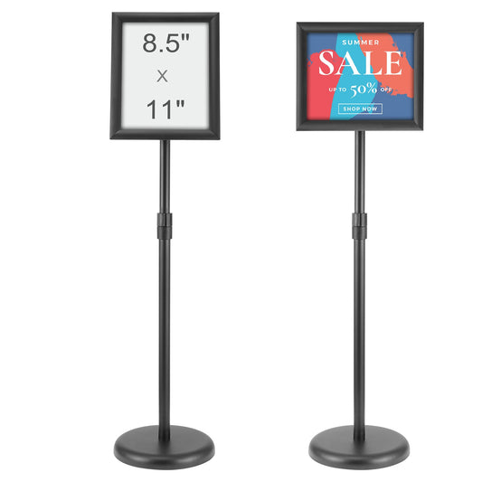 Piedestalskylthållare, 8,5 x 11 tums vertikalt och horisontellt justerbart affischställ, kraftig golvskylthållare med rund bas för display, reklam och utomhus, svart