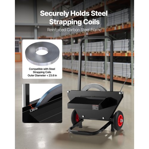 bandvagn, lämplig för stålbandsrullar med 600 mm kärnytterstorlek, kraftig bandningsdispenser med gummihjul, lämplig för fabrik, lager, lastområde |  EU