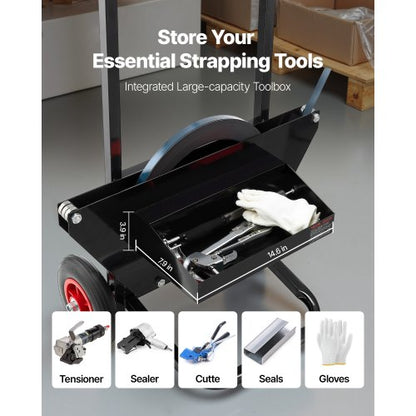 bandvagn, lämplig för stålbandsrullar med 600 mm kärnytterstorlek, kraftig bandningsdispenser med gummihjul, lämplig för fabrik, lager, lastområde |  EU