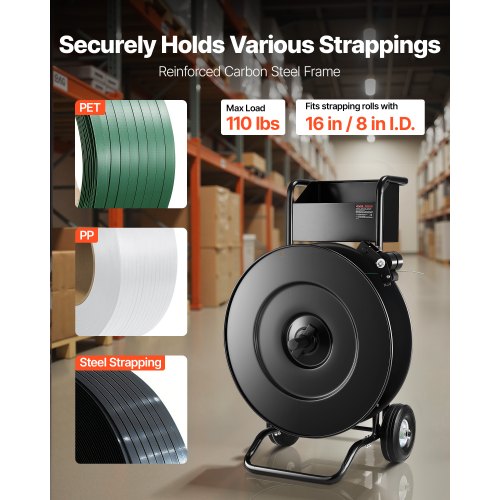 bandvagn, lämplig för PET/PP/stålbandningsrullar med kärnstorlek 20,3/40,6 cm, kraftig bandningsdispenser utrustad med uppgraderad trumbroms, inbyggt rymligt fack för verktyg |  EU