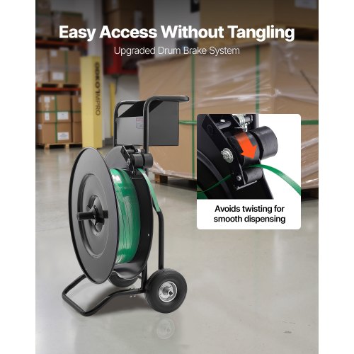 bandvagn, lämplig för PET/PP/stålbandningsrullar med kärnstorlek 20,3/40,6 cm, kraftig bandningsdispenser utrustad med uppgraderad trumbroms, inbyggt rymligt fack för verktyg |  EU