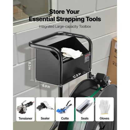 bandvagn, lämplig för PET/PP/stålbandningsrullar med kärnstorlek 20,3/40,6 cm, kraftig bandningsdispenser utrustad med uppgraderad trumbroms, inbyggt rymligt fack för verktyg |  EU