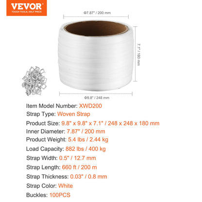 Förpackning vävd bandrulle 1/2" x 0,03" x 660' bandingrem 882 lbs