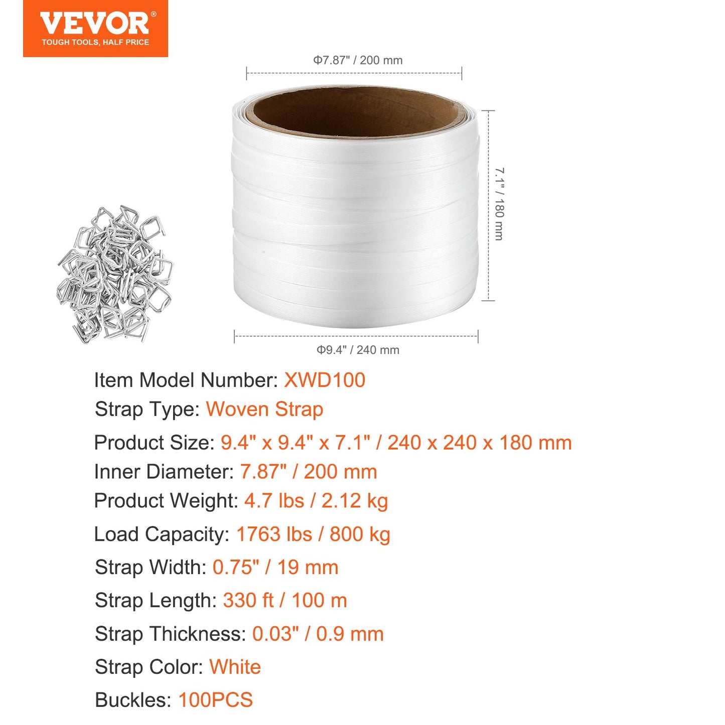 Förpackning vävd bandrulle 3/4" x 0,03" x 330' bandingrem 1763 lbs