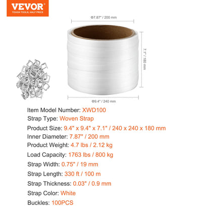 Förpackning vävd bandrulle 3/4" x 0,03" x 330' bandingrem 1763 lbs