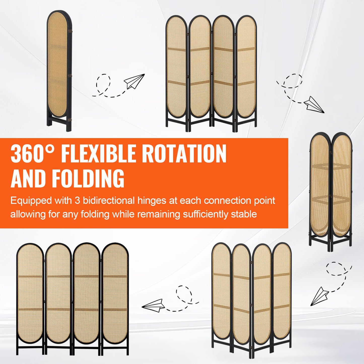 4 Panel Room Divider Handwoven Rattan Foldable Privacy Screens Brown