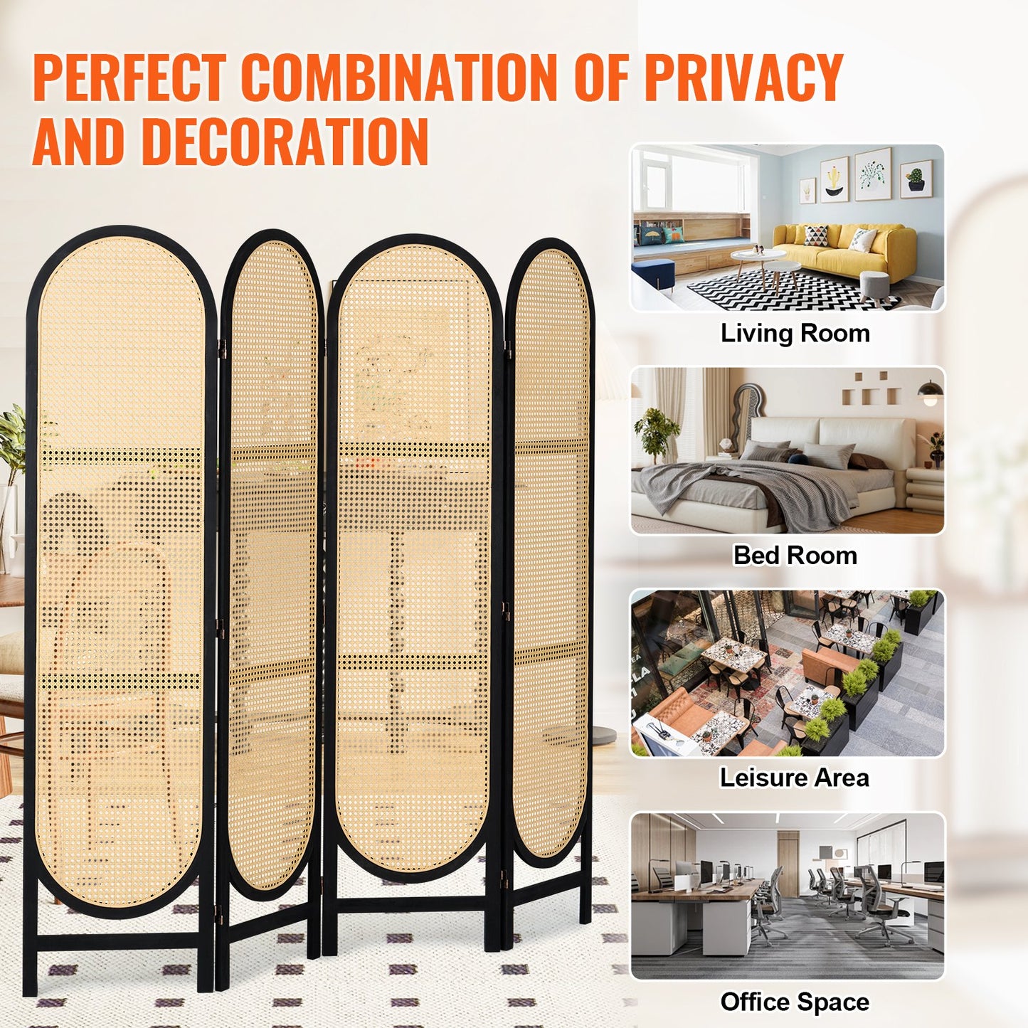 4 Panel Room Divider Handwoven Rattan Foldable Privacy Screens Brown
