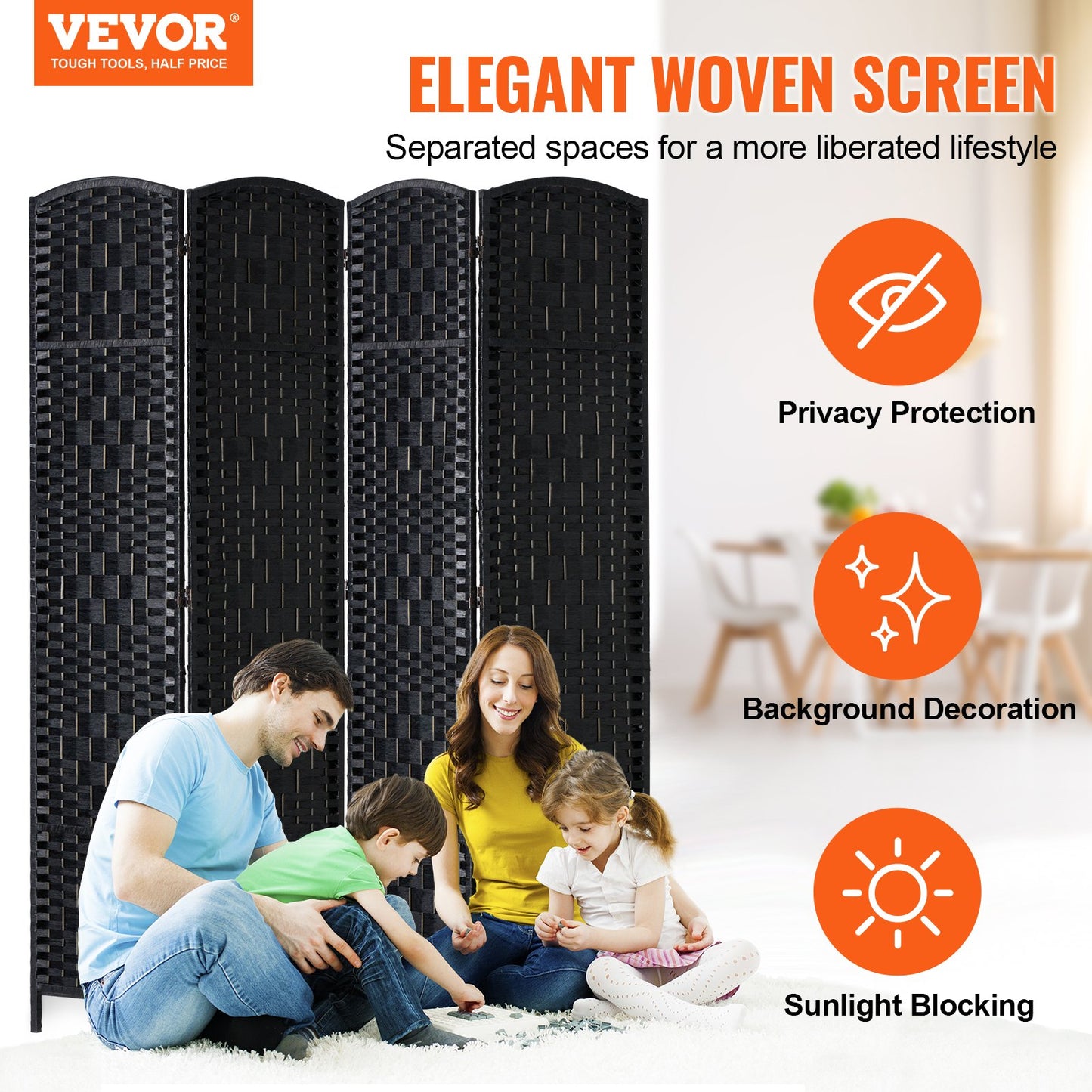 4 Panel Room Divider Handvävd Vikbar Sekretessskärm med gångjärn Svart