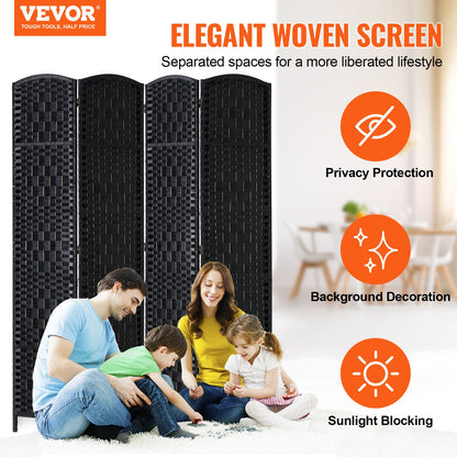 4 Panel Room Divider Handvävd Vikbar Sekretessskärm med gångjärn Svart