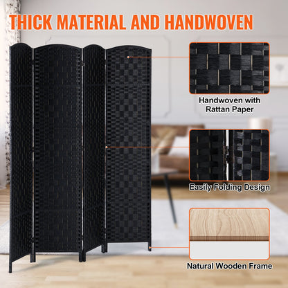 4 Panel Room Divider Handvävd Vikbar Sekretessskärm med gångjärn Svart